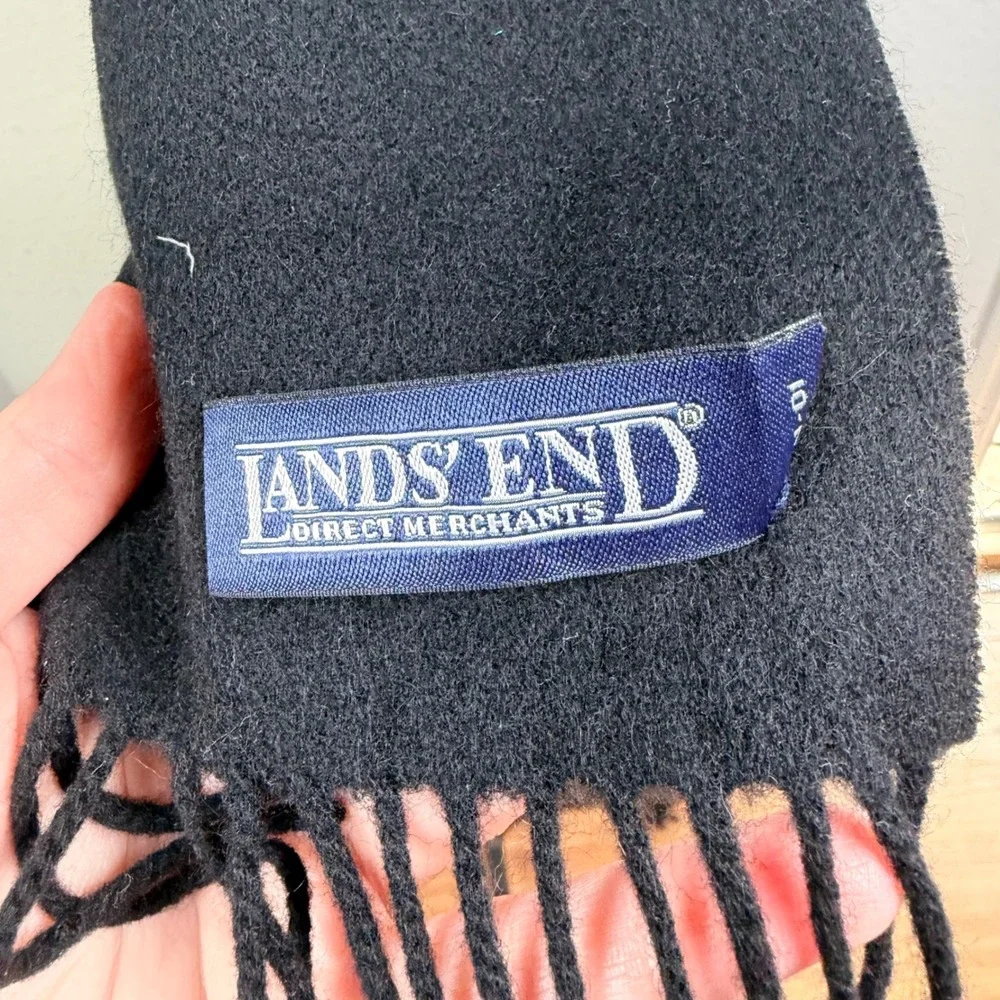 Lands End Direct Merchants Black Fringed Winter Scarf Wool Solid Classic